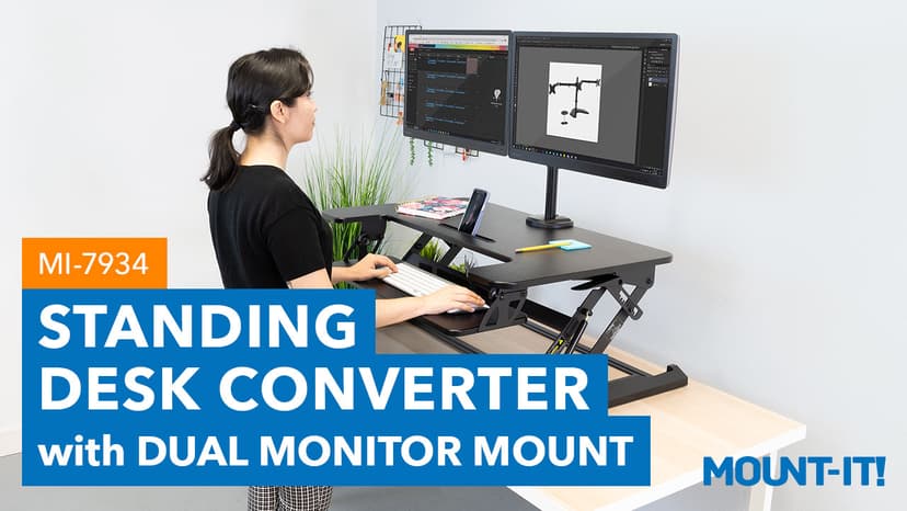 Mount-It! Standing Desk Converter Dual Monitor, 2 Screen Mounts Included, Height Adjustable Desk Riser in Black, Stand Up Desk Convertor Large 36" Wide, Sit Stand Convertor with Manual Lift Gas Spring