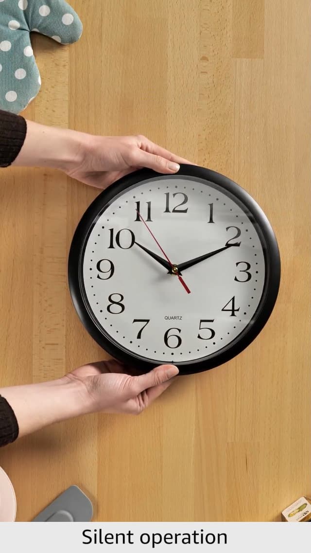 Bernhard Products Black Wall Clock Silent Non Ticking 10 Inch Quality Quartz Battery Operated Round Easy to Read Home/Office/Kitchen/Classroom/School Clock Sweep Movement