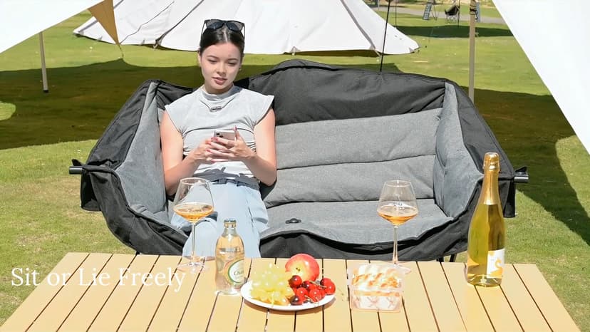 Double Camping Chair Loveseat - 2 Person Oversized Camping Couch for Adults Padded Heavy Duty Outdoor Lawn Beach Portable Folding Chairs with Cup Holders and Carry Bag Support 600lbs, Black/Grey