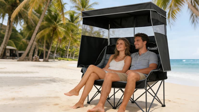 Double Camping Chair with Canopy Heavy Duty 2 Person Folding Loveseat Beach Chair with Shade High Back Oversized Outdoor Camping Couch with Cup Holders & Wine Racks for Lawn, Fishing, Sports