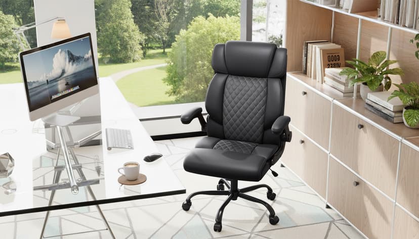 Office Chair-Executive High Back Breathable Big and Tall Office Chair Flip-up Armrests Lumbar Support-Ergonomic Leather Rolling Swivel Chair with Rock Function for Working Studying Gaming,Black