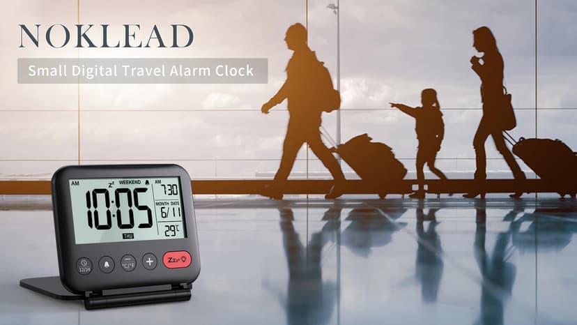 NOKLEAD Digital Travel Alarm Clock for Bedroom Office: Small LCD Desk Clock with Backlight Date Temperature Snooze 12/24H Weekend Mode and Mirror, Battery Powered Folding Bedside Clock for Adult Kids