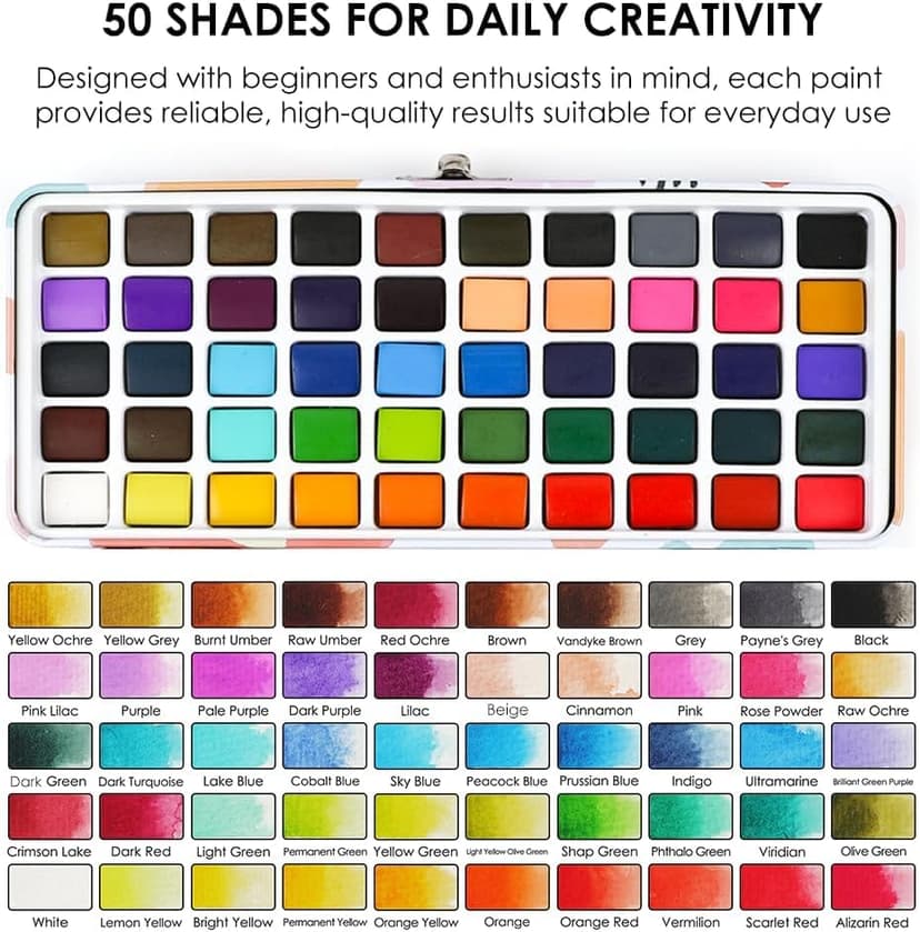 High Pigment Paints, Blendable Colors, Portable Travel Case, Painting, Sketching, Illustration, Beginner And Hobby Artists Grabie 50 Color Watercolor Paint Set with Brush Pens B0BJPQ3TKS