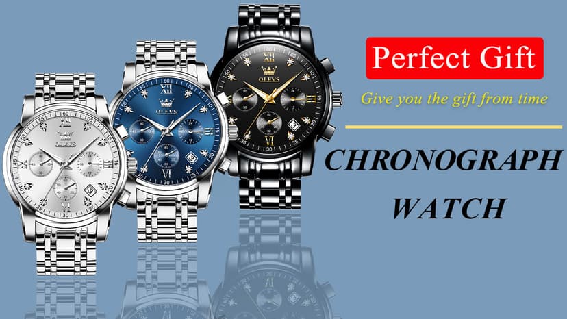 OLEVS Men's Stainless Steel Chronograph Watch, Big Face Gold Silver Black Tone Easy to Read Analog Quartz Watch, Luxury Waterproof Date Diamond Roman Arabic Numerals Dial Dress Watch for Men