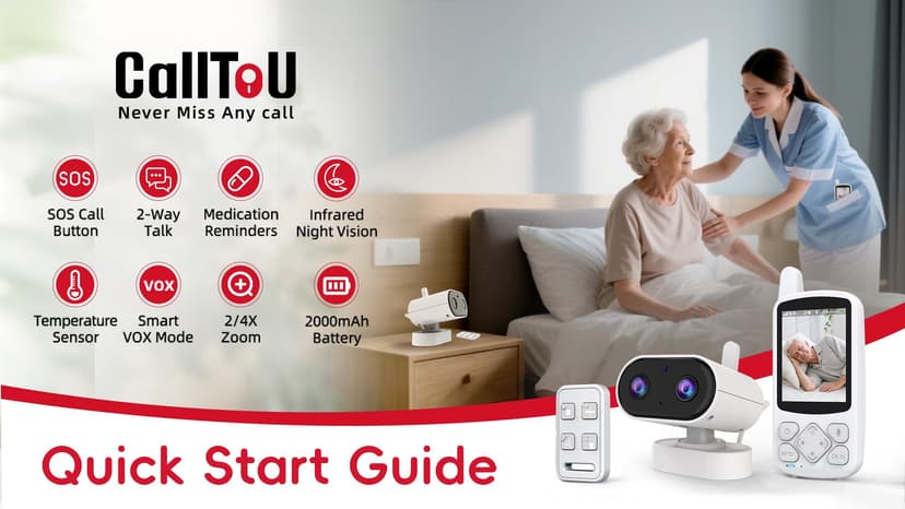 CallToU 2-Way Talk Baby Monitors for Elderly with Call Button Room Monitors for Elderly Monitor with Camera and Audio Night Vision Video Monitor for Elderly Seniors Dementia Patients No WiFi