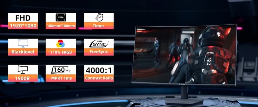 SANSUI 27 Inch Curved 160Hz Gaming Monitor, 1500R Curved Computer Gaming Monitor FHD 1080P, 4000:1, 110% sRGB, FPS/RTS, 1Ms MPRT|FreeSync|HDR|Low Blue Light|HDMI DP| VESA Support, HDMI Cable Incl.
