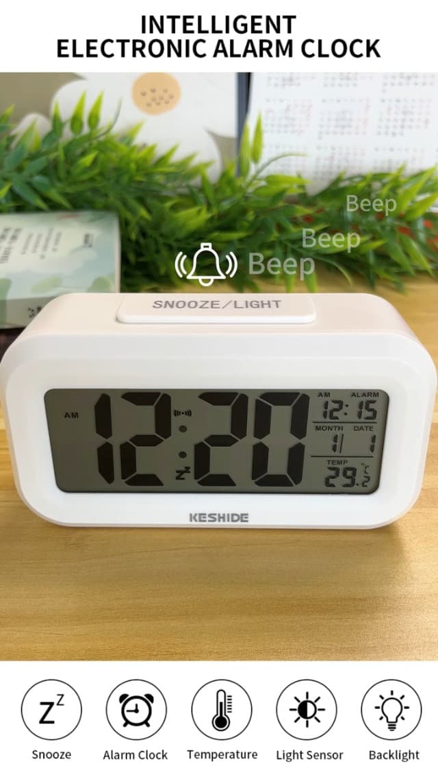 KESHIDE Digital Alarm Clock Battery Operated with Indoor Temperature, Desk Small Clock,Snooze Model,12/24H Display for Bedrooms Heavy Sleepers Kids Travel Bathroom (Black)