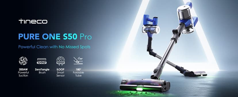 Tineco Pure ONE S50 Pro Cordless Stick Vacuum Cleaner, 200AW Powerful Suction, Zero Tangle Brush, 95Min Runtime, 180° Foldable Tube, 120° Green Light, Easily Tackles Large Debris Stick Vacuum