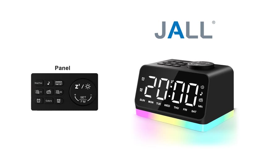 JALL Digital Alarm Clock with FM Radio for Bedroom, 8 Colors Night Light with 2 Charging Port, Sleep Sound Machines with Timer, Dual Alarm, Loud Alarm and Easy to Use for Seniors and Kids as Gift