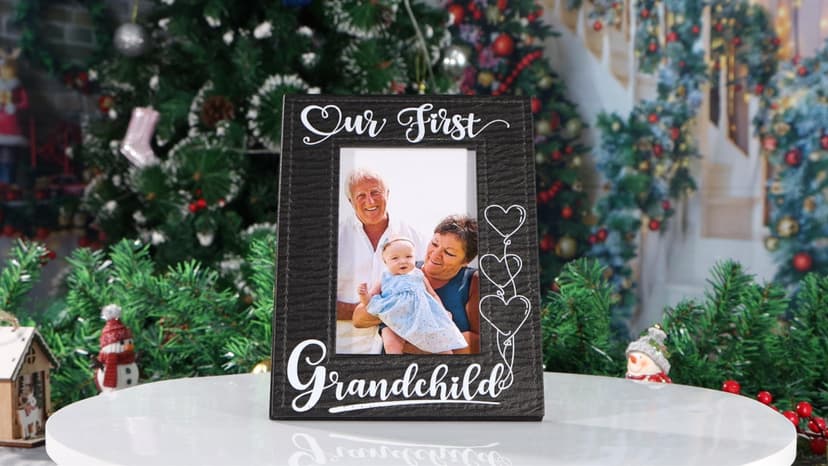 FLYAB First Time Grandparents Picture Frame - Our First Grandchild Leather Photoframe for New Grandparent Christmas Gifts for First Time Grandma Picture Frame Grandparents' Day Gifts