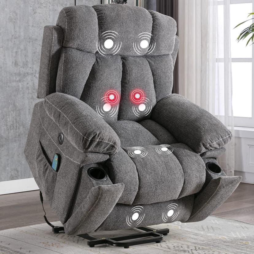 CANMOV Large Power Lift Recliner Chairs with Massage and Heat for Elderly Big People, Heavy Duty Motion Reclining Mechanism-Anti Skid Fabric Recliner Chair with 2 Concealed Cup Holders,Dark Gray