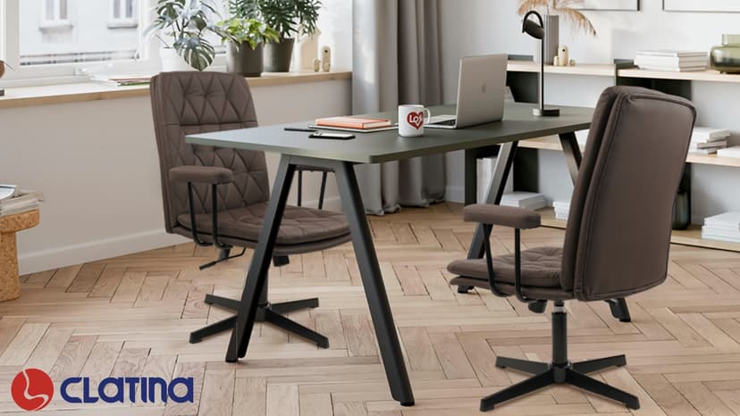 CLATINA Office Chair No Wheels, Leather Criss Cross Desk Chairs with Arms, Modern Cross Legged Computer Chair, Mid Back Height Adjustable Swivel Task Vanity Chair for Home Office, Chocolate Brown