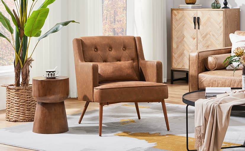 Yaheetech Accent Chair, Living Room Chair Mid Century PU Leather Armchair Lumbar Pillow, Comfy Upholstered Reading Chair Wood Leg Bedroom Lounge Brown