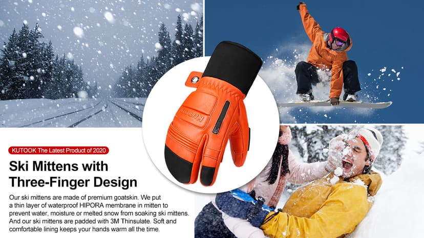 KUTOOK Winter 3 Fingers Ski Mittens Goatskin Thermal 3M Thinsulate Waterproof Snowboarding Gloves with Pocket for Men Women