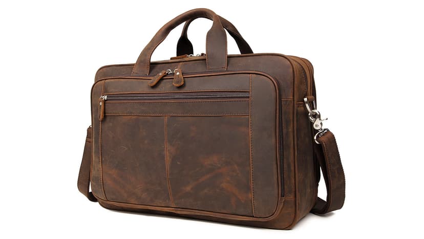 Augus Business Travel Briefcase Genuine Leather Duffel Bags for Men Laptop Bag fits 15.6 inches Laptop YKK Metal Zipper (Dark brown)