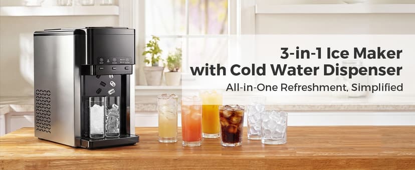 3-in-1 Water Dispenser with Ice Maker,Countertop Nugget Ice Machine with Bullet & Crushed Ice,44Lbs/24H,12 Ice Cube/6Min, Self-Cleaning, 4Lbs Storage, Home, Kitchen,RV (Silver) (Silver)