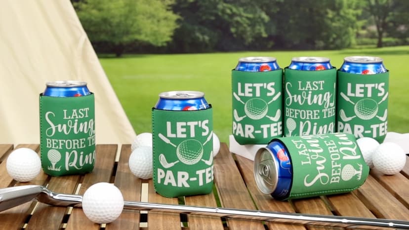 CiyvoLyeen Golf Beer Can Cooler, Bachelor Party Can Sleeves Neoprene Insulator Drink Glasses Cup Holders for Golfer Gifts Wedding Outdoor Activities Supplies Let’s Par-Tee 6PCS