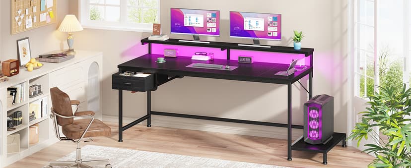 DurayLoly 47.2" Gaming Desk with Power Outlet and LED Lights,Computer Desk with Adjustable Monitor Stand and Drawer,Office Desk with CPU Stand for Home Work,Study and Gaming, Small Spaces,Black