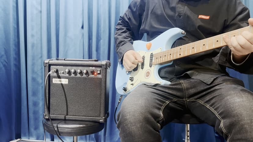 Demusea Electric Guitar Amplifier 20w Guitar Amp Practice Small Portable Travel Mini with Headphone Jack Aux Distortion Gain Treble Bass Volume Jack with 3 Meters Cable Audio Adapter Guitar Picks