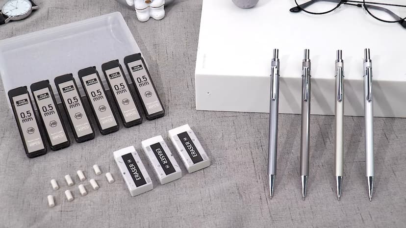 Four Candies 0.7mm Mechanical Pencil Set with Case - 4PCS Metal Mechanical Pencils, 8 Tubes HB #2 Lead Refills, 3PCS 4B Erasers and 9PCS Eraser Refills, Lead Mechanical Pencils for Writing & Drawing
