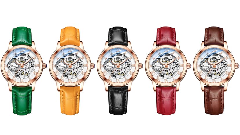 MASTOP Women's Sapphire Watches Automatic Steampunk Self Winding Mechanical Gold Bracelet Ladies Skeleton Wrist Watch Leather Strap for Ladies Famale