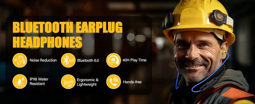 Bluetooth 6.0 Earplug Headphones with 40H Playtime & OSHA Compliant 29dB Noise Reduction Hearing Protection, Rechargeable Wireless Neckband Earbuds w/Mic, IPX6 Waterproof for Construction, Workshop