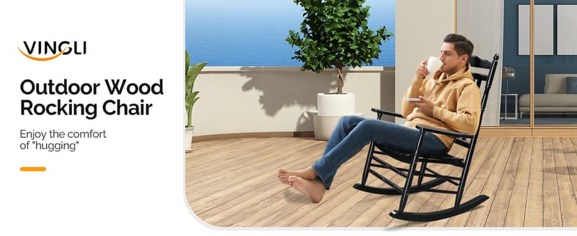 VINGLI Wooden Rocking Chair, Outdoor Chair with 450 lbs Support, Relaxing Rocker with Solid Wood High Back Seat Reclining Seat for Deck, Garden, Backyard, Porch, Indoor or Outdoor Use (Teak, 1PC)