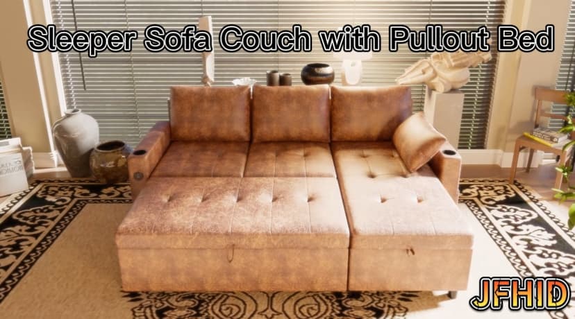 JFHID Leather Sleeper Sofa Couch with Pullout Bed, 80'' Sofa Bed with Storage Chaise, Pull Out Couch with USB&Cup Holders, L-Shaped Convertible Couches for Living Room-Faux Leather, Black