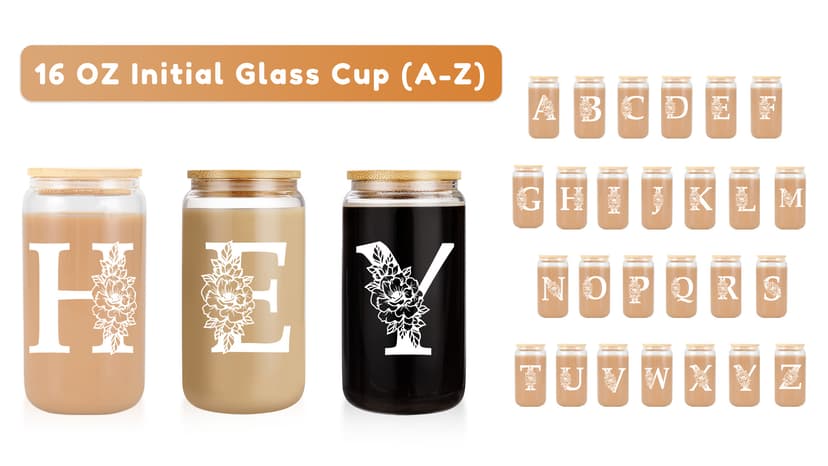 Coolife Initial Glass Cup, Monogrammed Gifts for Women, 16 oz Glass Cups w/Lids Straws, Iced Coffee Smoothie Beer Tumbler w/Straw Lid - Personalized Christmas, Birthday Gifts for Her Mom Friend Woman