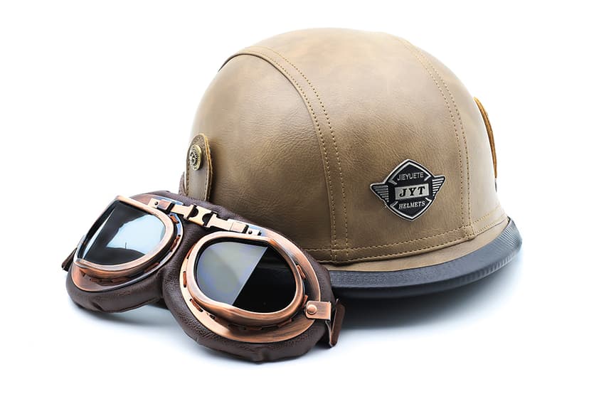 Yesmotor Motorcycle Half Helmet Retro German Handmade Leather Half Face Quick Release Buckle & Goggles - DOT Approved (Dark Brown, L)