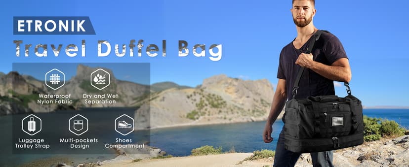 ETRONIK Gym Bag for Men Women, Carry on Luggage 22x14x9 Airline Approved, Tactical Travel Duffle Bag with Toiletry Bag and Shoe Compartment, Weekender Overnight with Wet Pocket for Workout, Black