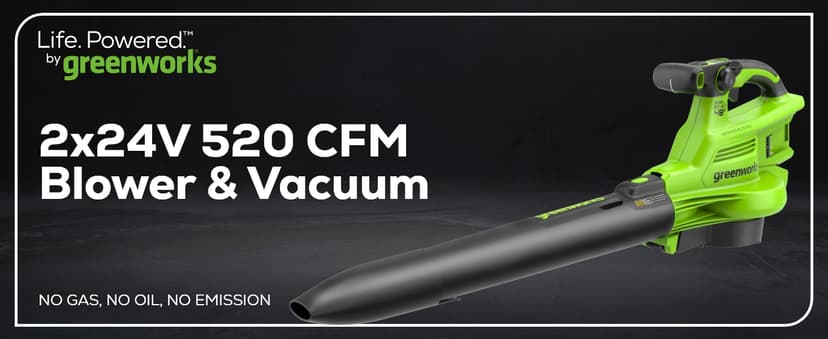 Greenworks 48V (24V x 2) Cordless Brushless Leaf Blower/Vacuum (520 CFM / 240 MPH) with Bag, Powerful & Efficient for Yard Debris Cleanup, Includes (2) 4.0Ah Battery & Dual Port Charger