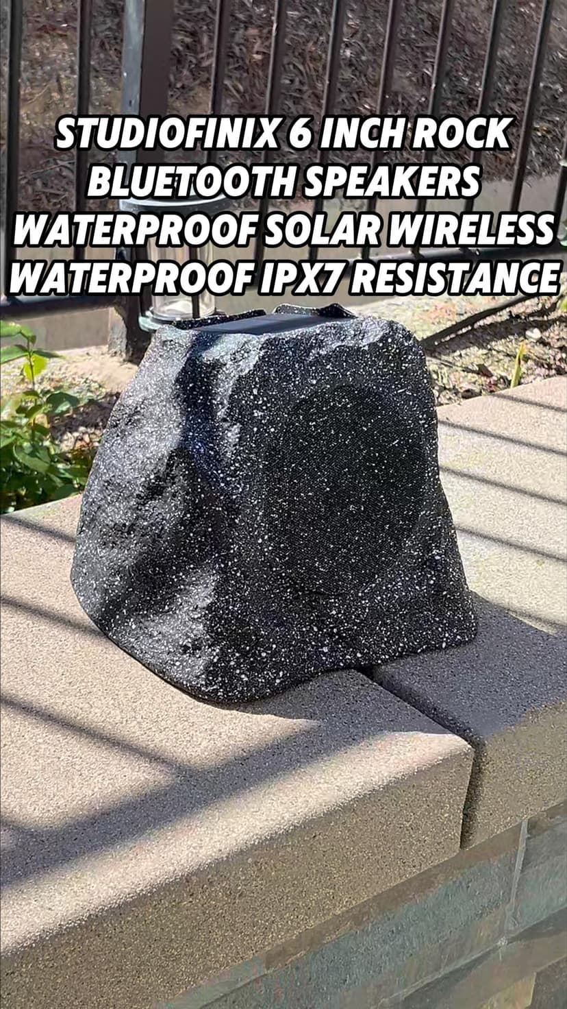 STUDIOFINIX 6.5" Rock Speakers Outdoor Waterproof - 5.3 Bluetooth Wireless Speaker Solar Powered Max Peak 200W for Garden,Patio,Deck,Pool,Backyard (Gray 1 Pair)