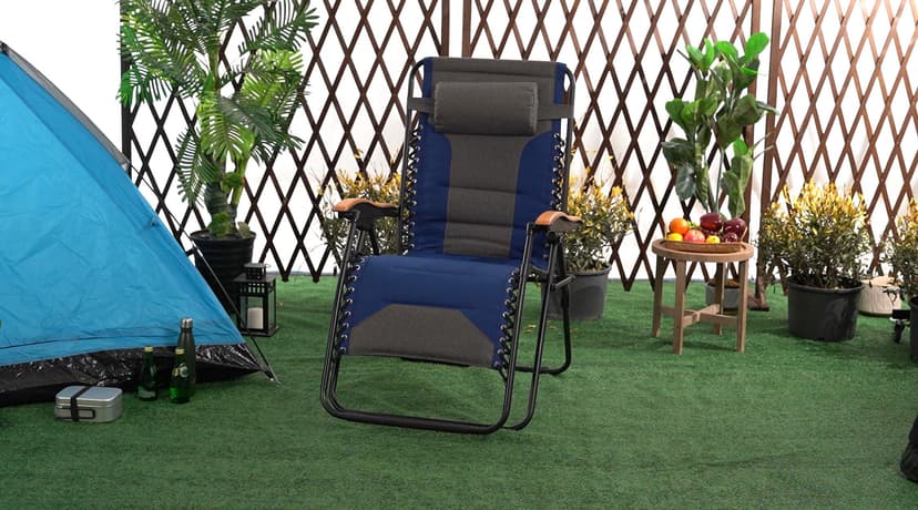 MAISON ARTS Oversized XXL Padded Zero Gravity Chair, 30" Wide Seat Foldable Patio Recliner, Anti Gravity Outdoor Lawn Chair with Cup Holder & Pillow, Supports 400lbs, Blue & Grey