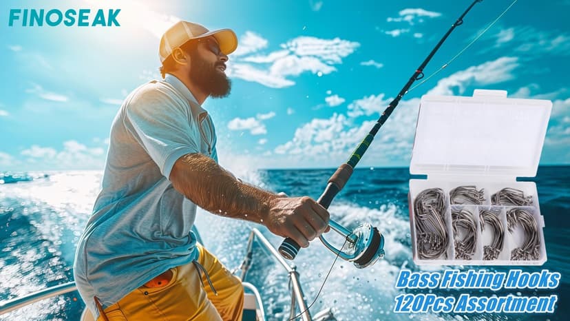 FINOSEAK 120Pcs Bass Hooks Set, Strong Offset Bass Fishing Hooks Freshwater Barbed Sharp Worm Hooks for Texas Rigging Fishing Extra Wide Gap 6 Sizes Assorted #1 1/0 2/0 3/0 4/0 5/0