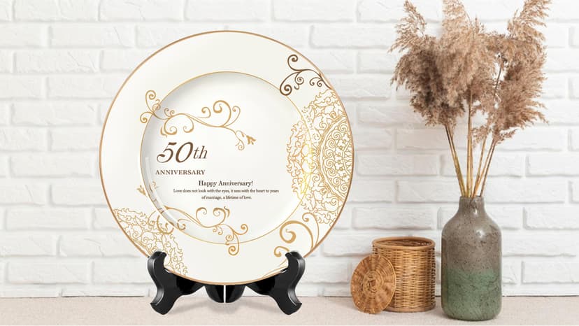 50th Anniversary Wedding Gifts for Couple/Parents/Grandparents, 50th Golden Presents for Marriage, Gold Porcelain Keepsake Plate with Stand, 10 inch