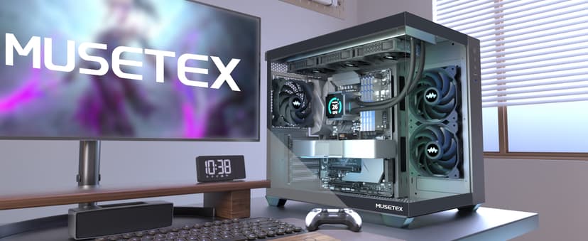 MUSETEX ATX PC Case, 3 x 120mm Fans Pre-Installed, 360MM RAD Support, 270° Full View Tempered Glass Gaming PC Case with Type-C, Mid Tower ATX Computer Case, Black, Y6