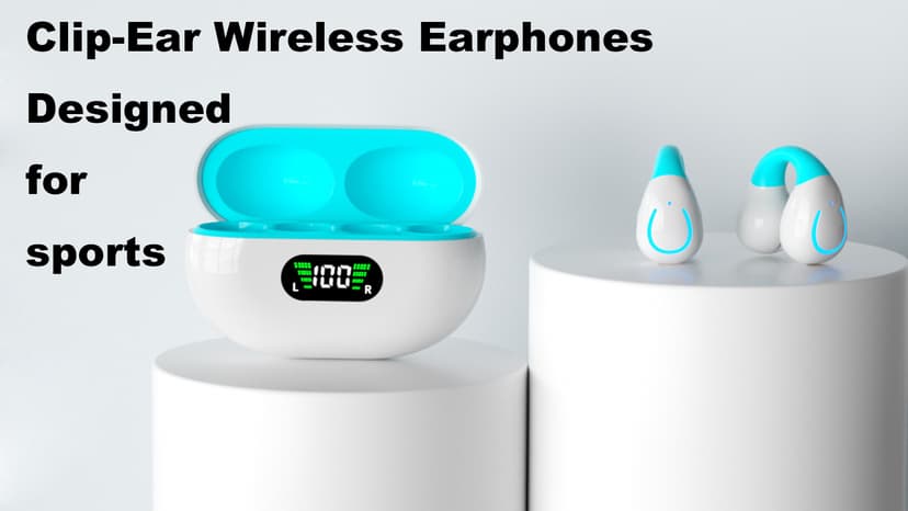 Clip On Earbuds, Bluetooth 5.3 Lightweight Comfort Bone Conduction Open Ear Headphones with LED Digital Display Charging Case Sport Built-in Mic IPX7 Waterproof for Running Fitness Android,Light Blue1