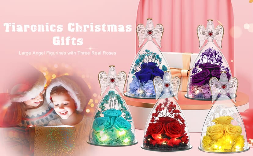 Mothers Day Rose Gifts for Women, Large Angel Figurines with Real Roses, Preserved Real Flower Rose for Her - Red