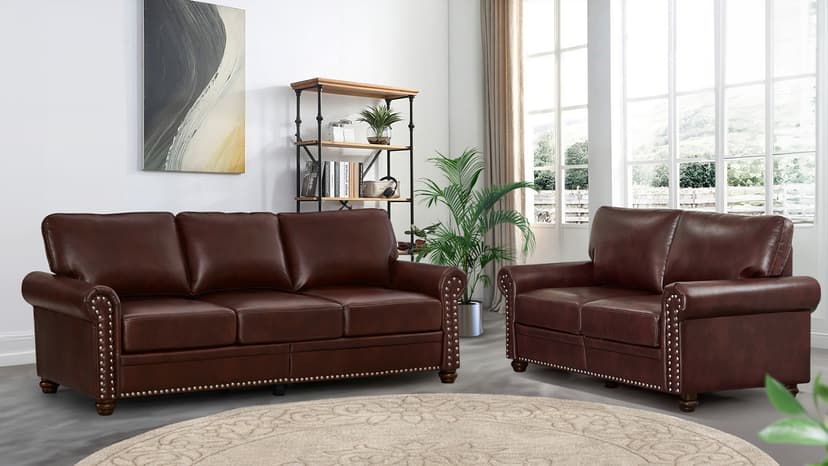 2 Piece Faux Leather Sofa Set,Modern Couch and Loveseat Sets with Storage,Mid Century Couch with Rivet Rolled Arm,Comfy Deep Seat Sofa,Furniture for Living Room,Office(Loveseat+3 Seater,Black)