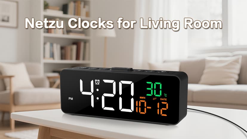 Netzu 3-in-1 Digital Clocks for Living Room with Temperature, Date & Time Display - 4 Levels Birghtness, 3 Volumes, Small & Compact Plug-in Alarm Clock for Bedroom, Office (Black)
