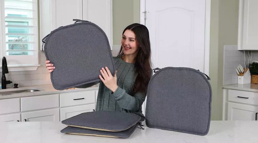 TushGuard Chair Cushions for Dining Chairs Set of 4, Soft Seat Cushions for Kitchen Chairs, Non-Slip Bottom with Ties, Comfortable Everyday Chair Pads, Grey