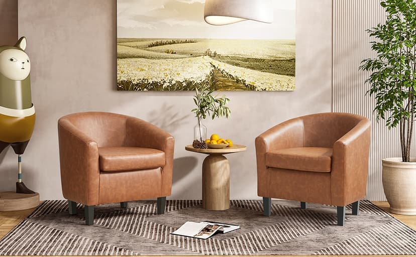 Yaheetech Brown Accent Chairs Set of 2, Faux Leather Barrel Chairs, Comfy Modern Leather Club Armchairs with Soft Seat for Living Room Bedroom Reading Waiting Room