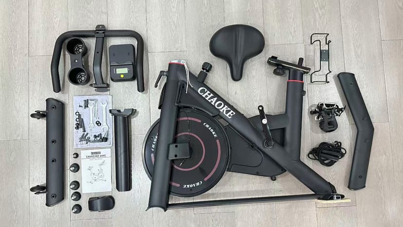 CHAOKE Exercise Bike, Quiet Adjustable Magnetic Stationary Bike for Home Cardio with App Compatible, 350LB Weight Capacity Indoor Cycling Bike with Large Seat, Dumbbell Rack, Pull Cords & LCD Display