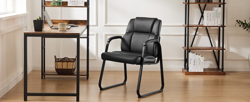 Sweetcrispy Waiting Room Guest Chair, Stationary Office Reception Chairs No Wheel, Comfy Padded Arms and Seld Base, for Conference Room Lobby Home Computer Desk Bedroom Elderly, Deep Black