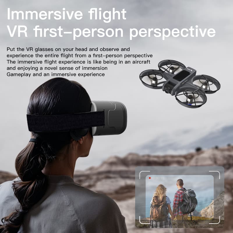 VR FPV Drone, Experience First-Person View Flight, Comes With a VR Goggle Kit and Remote Controller. The Drone Features a Full Propeller Protection Guard and Collision-Resistant Structure, Making It Easy to Operate and Perfect for Beginners. Equipped With an Optical Flow Positioning System and Brushless Motors for Smoother and More Precise Flight. FPV Quadcopter for Entertainment or as a High-Performance Remote Control Helicopter.