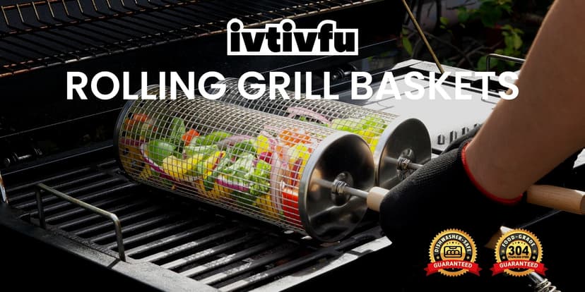 Rolling Grill Basket, Removable Wooden Handle, 304 Stainless Steel, Nesting Smoker Net, BBQ Accessories Tools for Vegetable Shrimp, Outdoor Cooking Camping, Birthday Gifts for Men Dad Husband