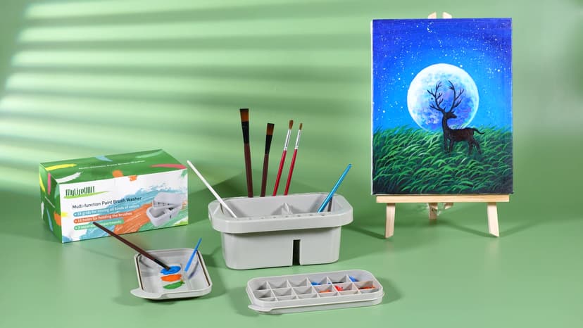 18 mixing wells, 16 slots fitting 0.24-0.63 in diameters, 3 washing compartments, removable tray lid MyLifeUNIT Paint Brush Cleaner, Paint Brush Holder with Palette, Grey B01H5JIU14