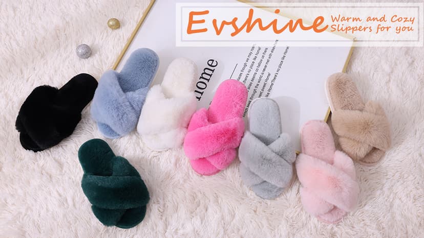 Evshine Women's Fuzzy Slippers Cross Band Memory Foam House Slippers Open Toe