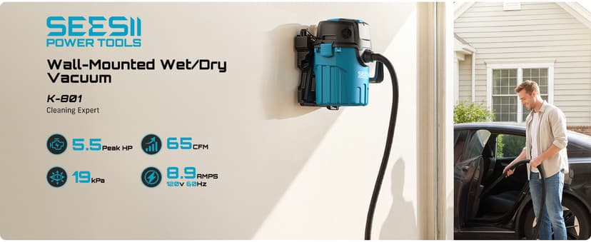 Seesii Garage Vacuum Wall Mounted Shop Vac, 6.6 Gallon 5.5 Peak HP Shop Vacuum Wet and Dry with 30Ft Flexible Hose, Attachments, Storage Bag, Cartridge Filter Ideal for Garage, Car, Workshop, Home